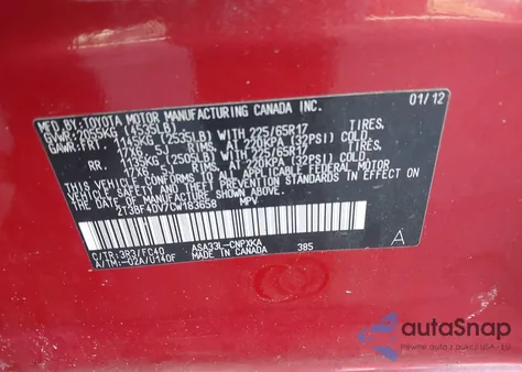 2012 Toyota Rav4 z USA, uszkodzony, nr VIN 2T3BF4DV7CW183658